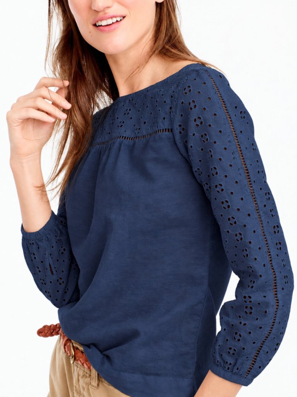 J.Crew Navy Blue Linen Cotton Blend Eyelet Long Sleeve Boat Neck Blouse (Size 6) - Picture 2 of 11